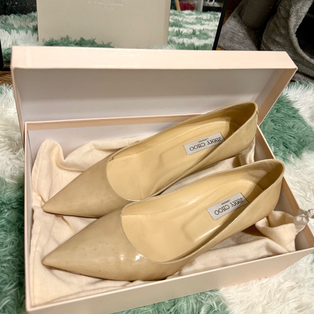 Jimmy Choo Pointy Toe Kitten Heel Beige Women's Shoes